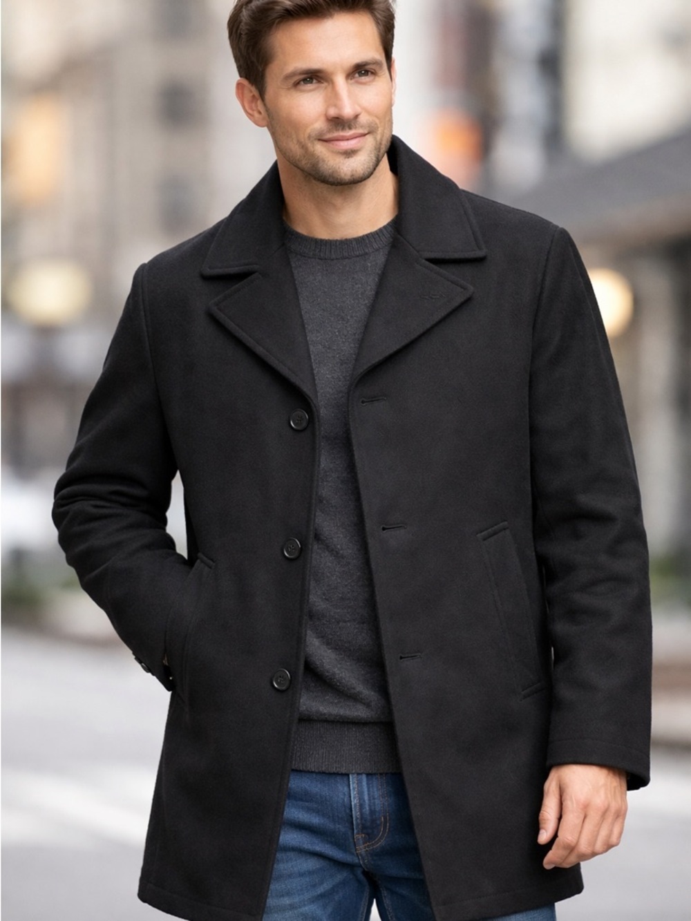 London Fog Men’s Black Wool Blend Coat Size L Classic Peacoat Winter Jacket